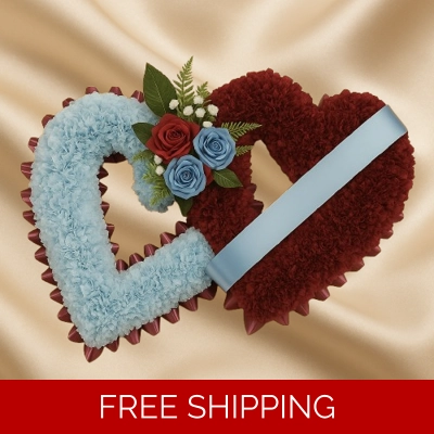 Artificial Double Heart Funeral Tribute – Burgundy & Blue with Roses and Satin Ribbon